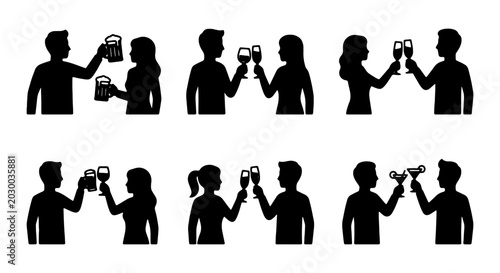 Bild auf Leinwand Cheers Silhouettes: People Toasting with Beer and Wine Glasses, Celebration Icon