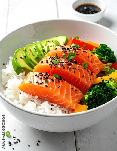 Fresh salmon, avocado, broccoli, and peppers over rice in a bowl