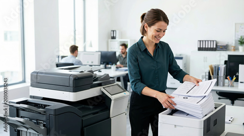 Smiling businesswoman taking printed papers from office copier. Female assistant organizing stack of documents by large printer in modern workplace