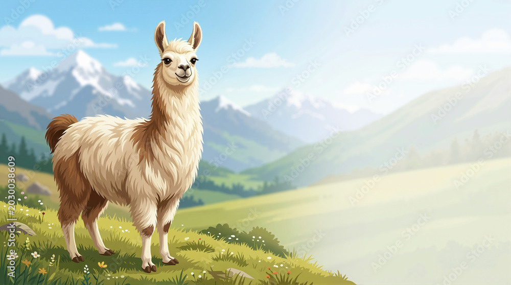 Naklejka premium Digital illustration of a fluffy llama standing on a grassy hill. Scenic mountain landscape background with snow-capped peaks. Copy space for text