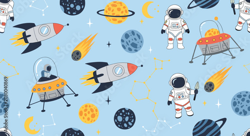 Seamless pattern of space elements including brave astronauts, rockets, alien flying saucers, planets, and golden stars on a blue sky theme.