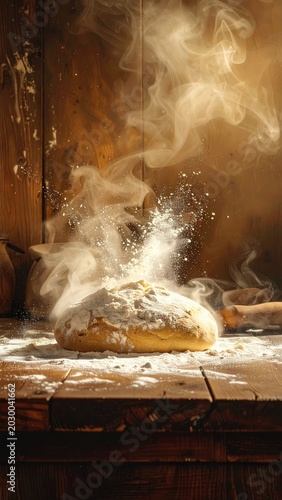 Freshly baked bread, dusted with flour, steams warmly on a rustic wooden table