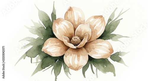 Zarte beige Aquarellblüte mit grünen Blättern auf weißem Hintergrund, elegantes florales Design für Karten, Hochzeit und Dekor. Generative KI