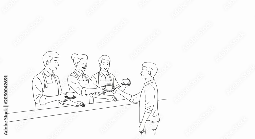 Obraz premium Minimalist line drawing of business meeting with people seated around table and one standing presenting. Vector illustration in clean sketch style for corporate presentations.