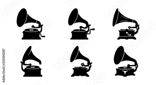 Fotografía Vintage Gramophone Icons, Black Silhouettes, Retro Music Symbols, Sound Equipmen
