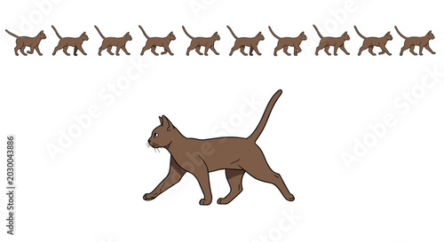 Brown cat walking cycle animation frames show a domestic feline in various steps of its gait for motion design and character study.