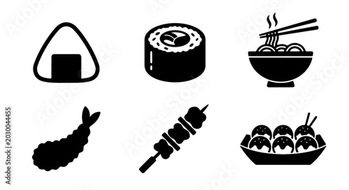 Bild auf Leinwand Japanese Food Icons Set: Sushi, Ramen, Onigiri, Tempura, Yakitori, Takoyaki, Asi