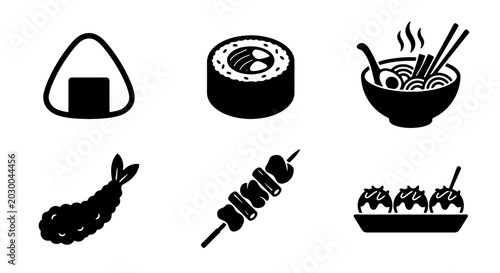 Foto Japanese Food Icons: Sushi, Ramen, Onigiri, Tempura, Yakitori, Takoyaki Vector S