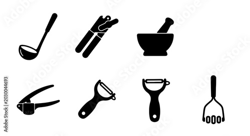 Obraz na płótnie Kitchen Utensil Icons Set: Ladle, Garlic Press, Peeler, Masher, Mortar Pestle, C