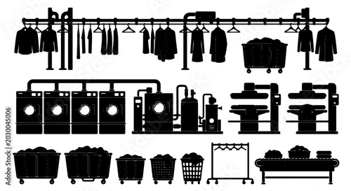 Konstfotografi Laundry Service Icons, Industrial Washing Machines, Drying Racks, and Garment Co