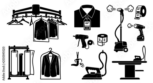 Quadro em tela Dry Cleaning and Laundry Service Icons Set, Professional Garment Care Vector Gra