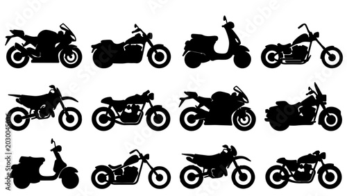 Photos 12 Motorcycle Silhouette Icons Set – Sport Bike, Scooter, Chopper and Motorbike