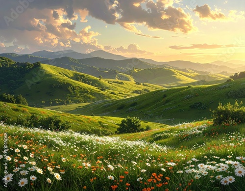 Verdant rolling hills bathed in golden sunset light with wildflowers