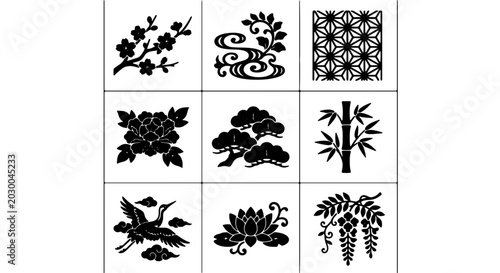 Fotografie Japanese Mon Crest Vector Icons: Cherry Blossom, Crane, Bamboo, Lotus, Pine Tree
