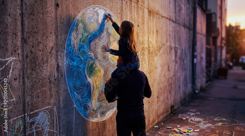 Father and daughter drawing a chalk Earth on a concrete wall, symbolizing hope, environmental awareness, and future generations.