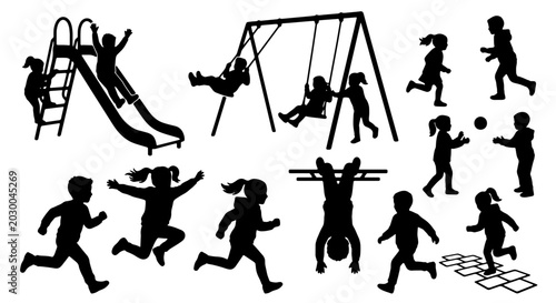 Foto Children's Playground Silhouettes: Active Kids Playing, Swinging, Sliding, and R