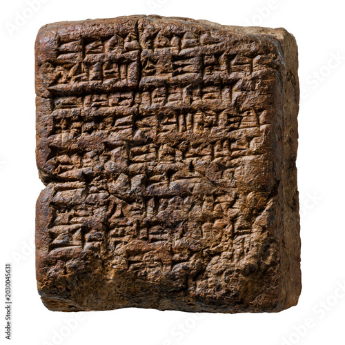 A detailed cuneiform writing on an antique Mesopotamian artifact. Ancient clay tablet with carved writing, isolated on transparent background.