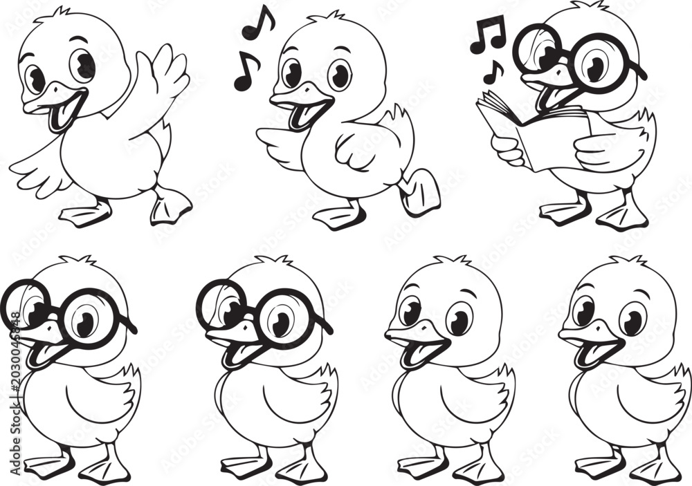 Fototapeta premium A set of seven cartoon duck characters in various poses and expressions on a white background