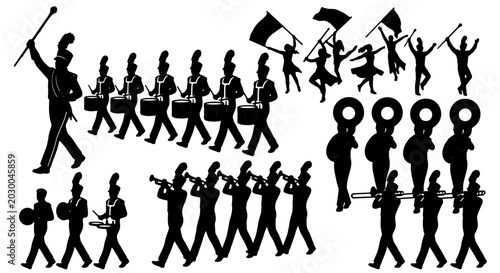 Fotografía Marching Band Silhouettes, Drumline and Flag Corps Vector Set, Performance Ensem