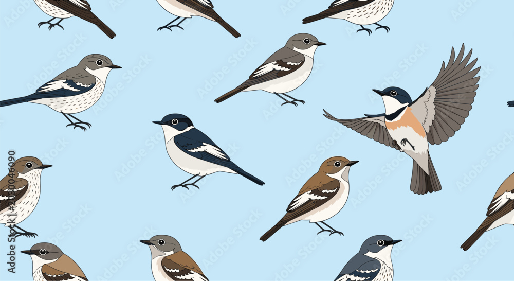 Obraz premium Different bird species seamless pattern features various small songbirds in perched and flying positions on a light blue background.
