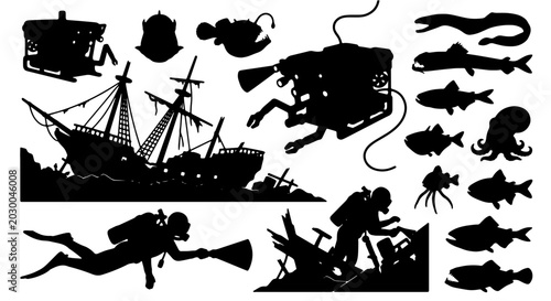 Quadro su tela Underwater Exploration Vector Icons: Scuba Divers, Shipwreck, Marine Life Silhou