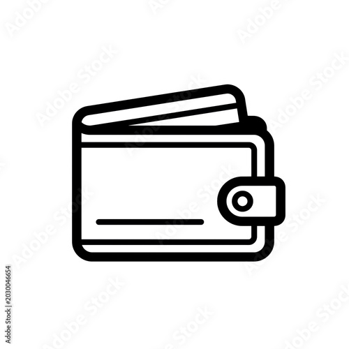 A clean linear vector symbol of a personal wallet containing a payment card for digital banking concepts.