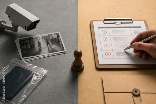 Security investigation checklist with surveillance camera evidence and compliance review workspace