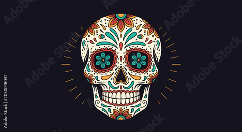 Vibrantly decorated sugar skull illustration with floral patterns and sunburst lines against a dark background for Day of the Dead celebrations.