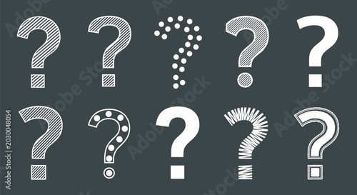 Collection of ten white question mark icons in different artistic styles including dotted striped and hand drawn on gray.