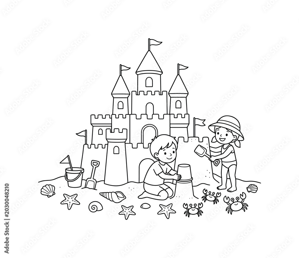 Naklejka premium Children building a giant sandcastle on a sunny beach with seashells, starfish, and playful crabs around, black and white line art