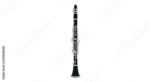 Detailed black and white illustration of a woodwind clarinet musical instrument isolated on a plain white background for music lovers.