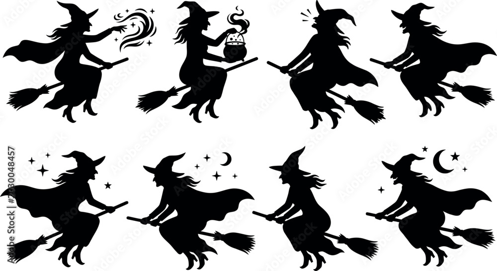 Fototapeta premium witch silhouettes flying on broomsticks halloween vector set