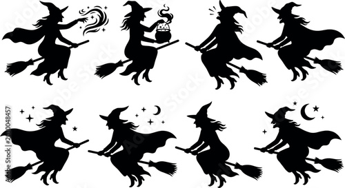 Canvastavla witch silhouettes flying on broomsticks halloween vector set