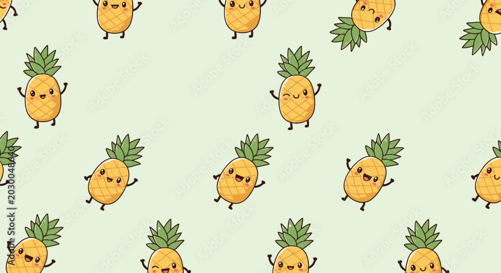 Obraz premium Adorable pattern of smiling cartoon pineapple characters with different poses on a light mint green background for kids and babies.