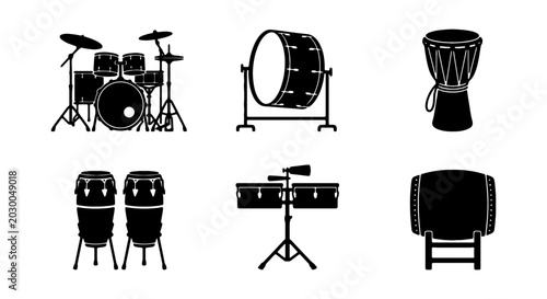 Photos Drum Set Icons, Percussion Instruments Collection, Musical Equipment Vector Grap