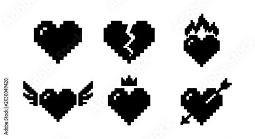 Pixel Heart Icons Set: Broken, Crowned, Fiery, Winged, Arrow, Love Symbols