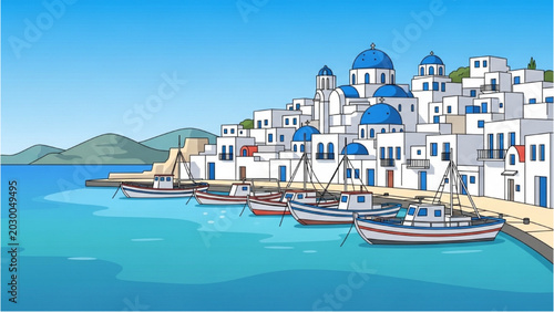 Cuadro en lienzo A serene Greek village sits by the calm blue sea with boats docked