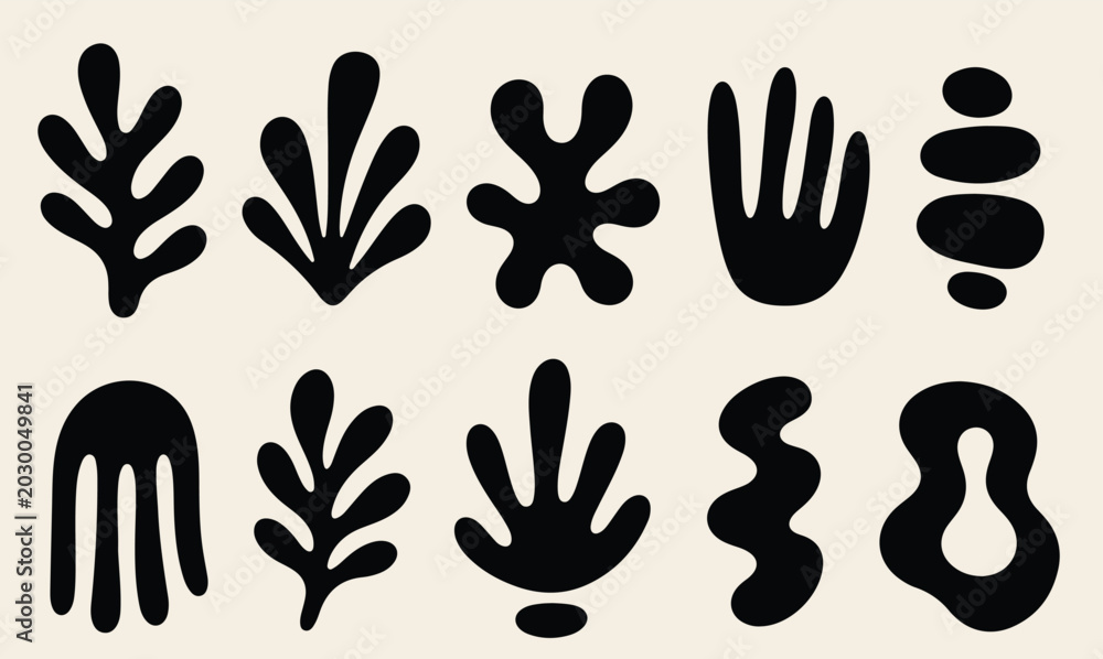 Fototapeta premium Creative abstract shape collection featuring bold black organic forms and botanical inspired silhouettes on a light background. Modern minimal artistic set ideal for branding, packaging, textiles, wal