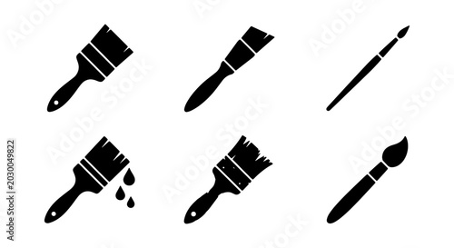 Paint Brush Icons Set, Artist Tools Collection, Black and White Vector Graphics