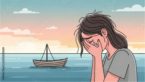 Foto Woman crying on beach with boat floating nearby at sunset