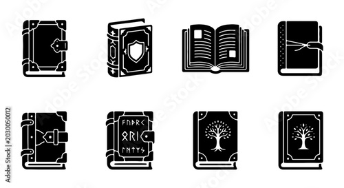 Foto Fantasy Book Icons, Ancient Grimoire Vector Set, Magical Tome Illustrations