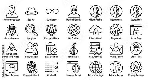 Photos Incognito line and stroke icon collection with anonymous browsing vector illustr