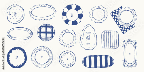 Hand drawn blue ink set of decorative plates in ink sketch vintage style. Templates for tableware branding, packaging, menus, invitations and kitchen or restaurant design. Flat vector illustration.