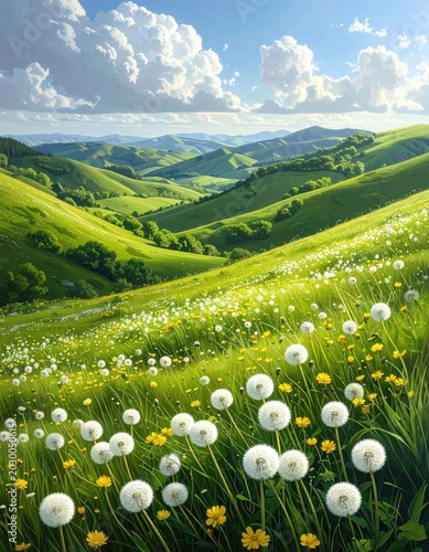 Rolling green hills blanketed in white seed heads and yellow wildflowers under a sky