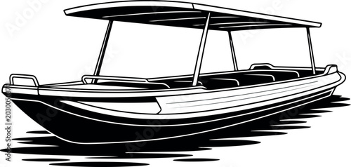 Fotografija Minimalist black and white line art illustration of classic river ferry boat with canopy on transparent back