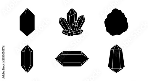 Fotografía Black Crystal Icons, Gemstone Shapes, Mineral Vector Graphics, Geology Elements