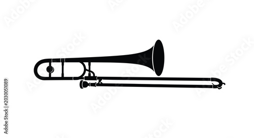Silhouette of a classic trombone musical instrument shown in profile against a plain white background for design projects.
