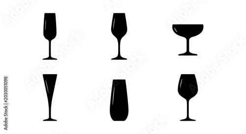 Fotografía Set of 6 Black Silhouette Drink Glasses, Barware Icons, Cocktail Stemware