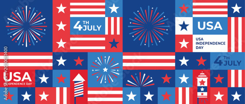 USA Independence Day geometric grid pattern. 4th of July flat design vector illustration with fireworks and stars. Patriotic mosaic background