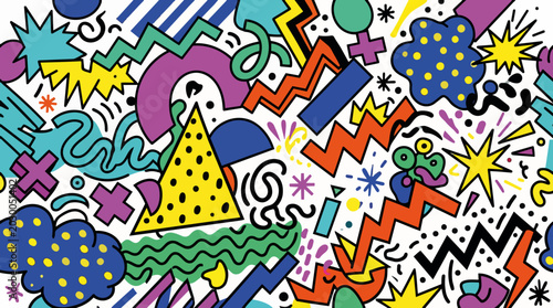 Colorful 90s Memphis style pattern. Abstract geometric vector background with stars and squiggles